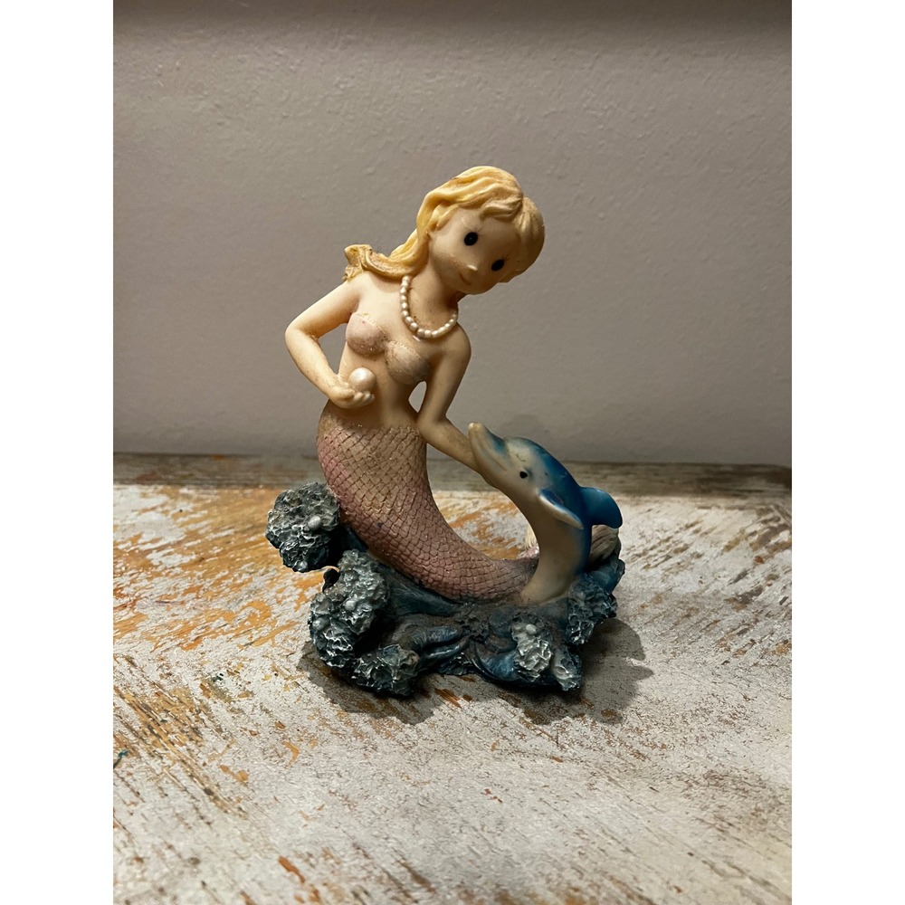 Vintage Mermaid and Dolphin Figurine Resin‎ Statue Coastal Nautical Decor Pearl